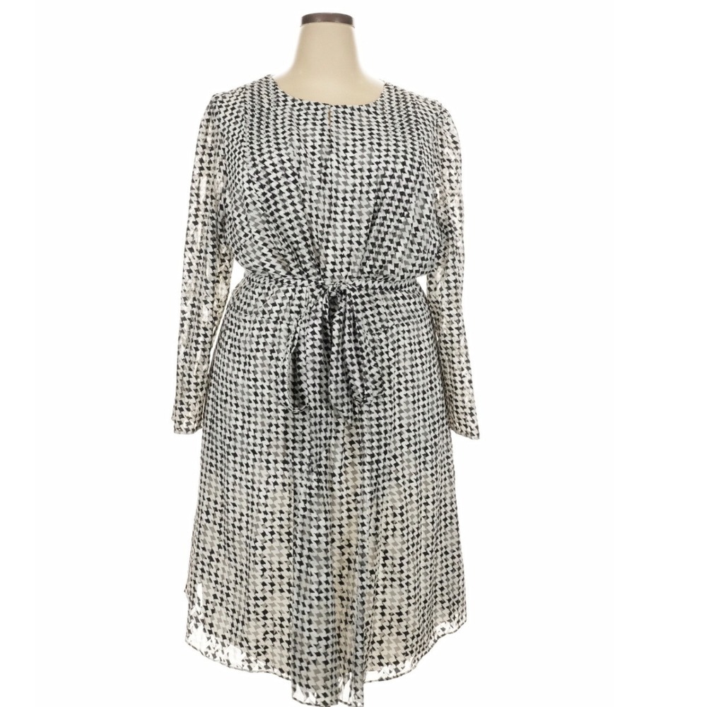 Alex Marie Midi Dress Women 22W Black White Houndstooth Long Sleeve Tie Waist